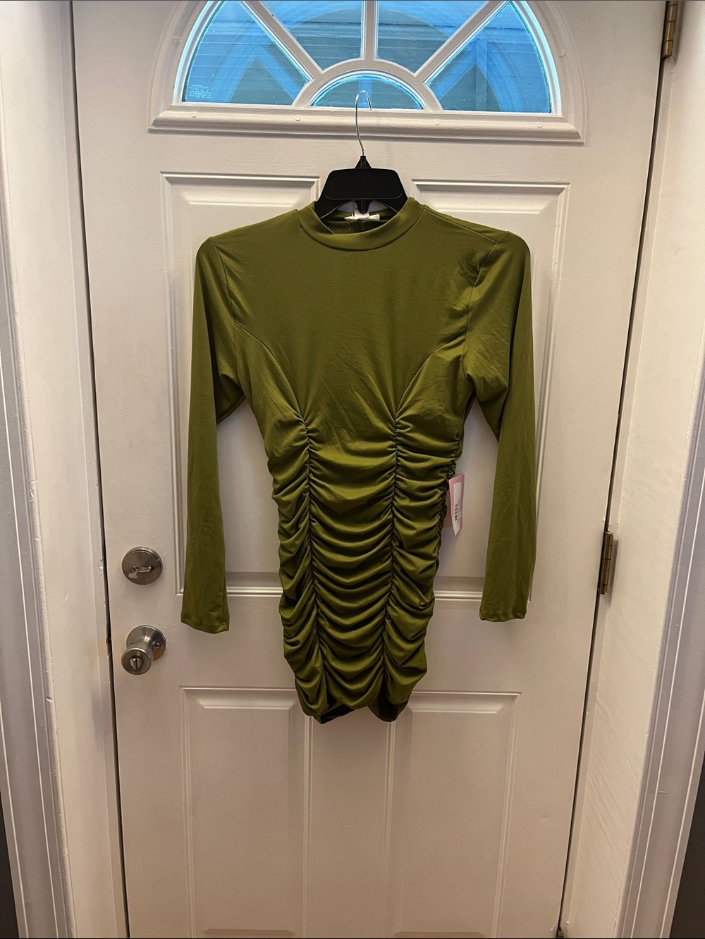 Brand New Capella Ruched Olive Green Ruched Long-Sleeve Bodycon Mini Dress